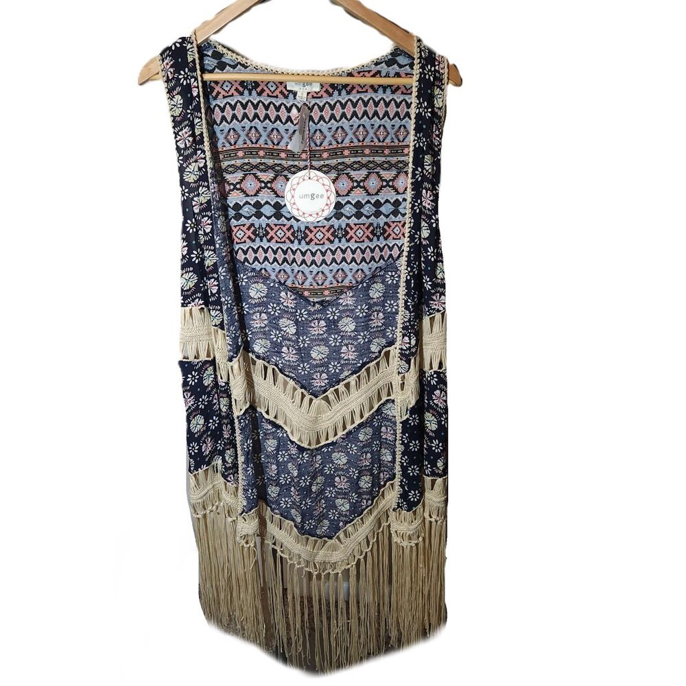 NWT Umgee fringe duster Women's small Boho Aztec floral long kimono vest fall
